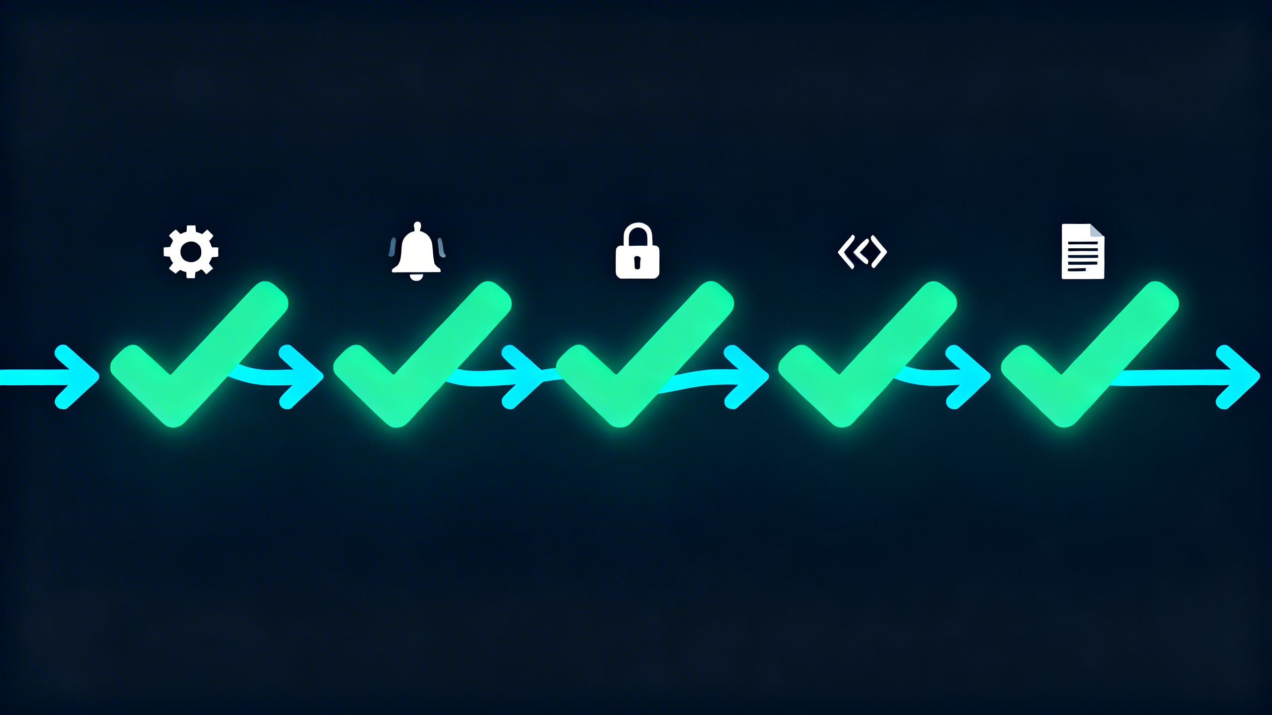 Five emerald green checkmarks connected by sky blue pipeline arrows, each with an icon representing a DevOps quick win: CI/CD gear, alert bell, padlock, code brackets, and runbook document